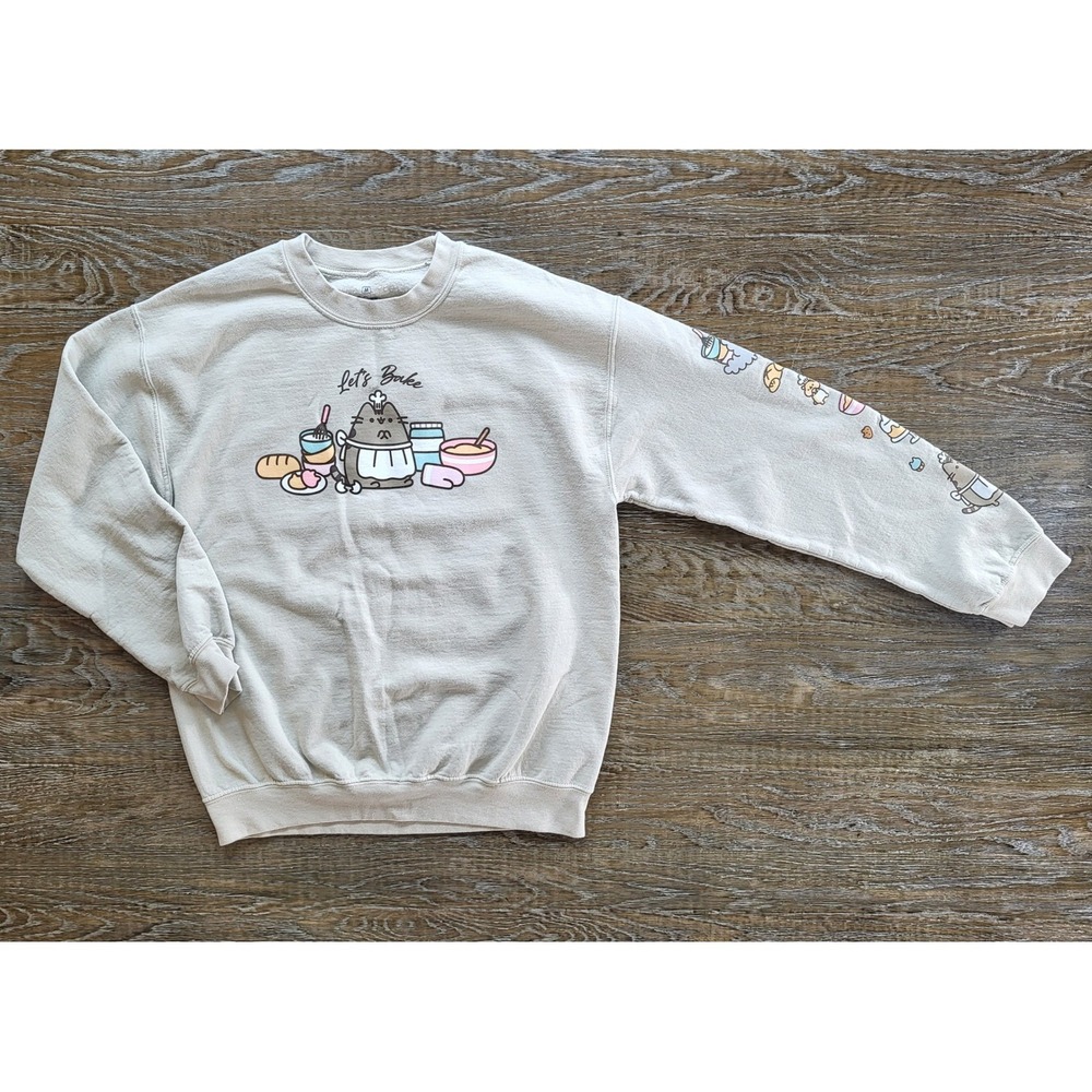 Pusheen Cafe Sweatshirt Tan Let's Bake Ripple Junction Graphic Crewneck Medium - Picture 3 of 8